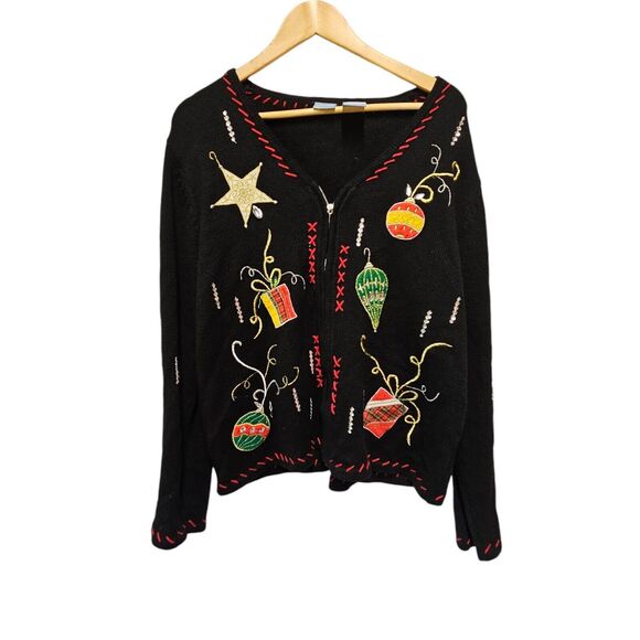 HOLIDAY EDITION Cardigan Full Zip Christmas Sweater Black Ornaments LARGE - Picture 1 of 5
